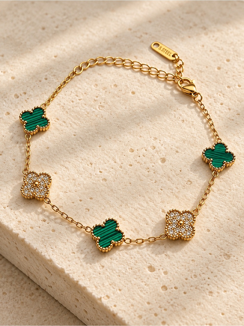 Gold-Plated Green Clover Bracelet with Cubic Zirconia Accents